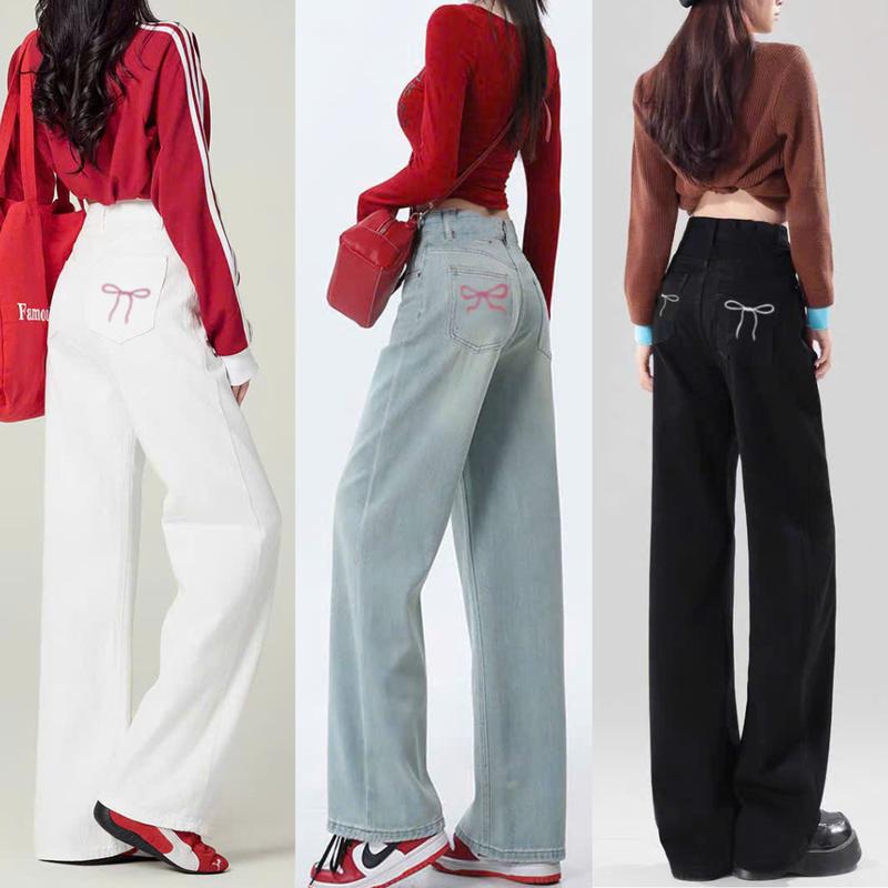 MIAA Quần Kaki Nữ Trơn Cạp Cao Jean Trắng Thêu Nơ Ống Rộng Quần Ống Rộng Kaki Thêu Nơ Màu Hồng Ôm Eo Pants Women