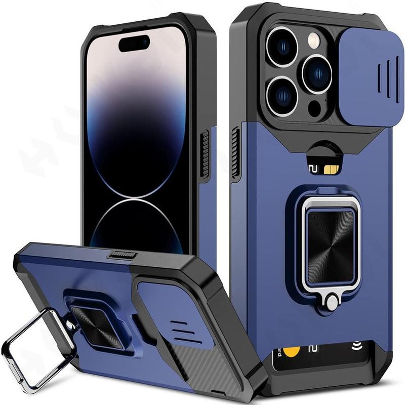 Shockproof Hard Phone Case with Stand & Card Slot, Anti-fall Phone Protective Cover Compatible with iPhone Series, National Day Offers 5