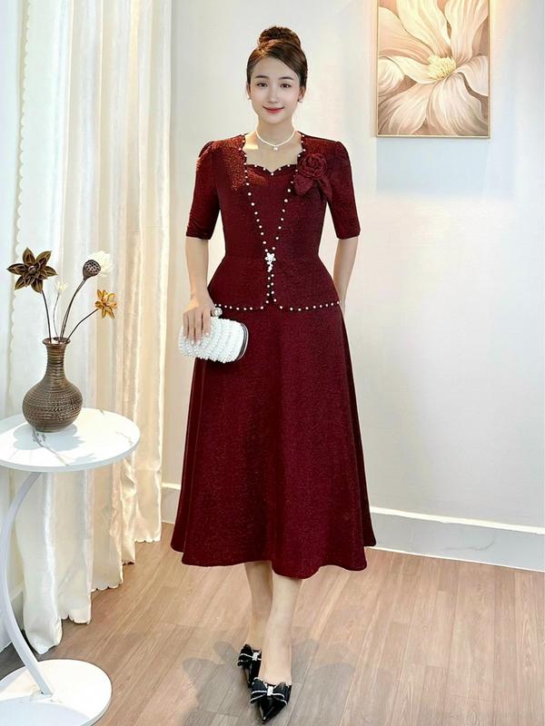 Đầm Đi Tiệc Dáng Lửng L615 Nhũ Ép Đá từ 50-80kg 3 size Ôm gọn Thanh lịch Kinh doanh Nữ Màu Đỏ Free Size 50-75kg Che Bắp Tay Bự Dễ Mặc & Bảo Quản