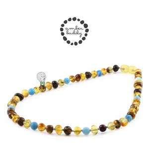 Amber Buddy | JN84 Kalung Anak Baltic Amber Kombinasi Blue Frost Agate. 38 cm Junior
