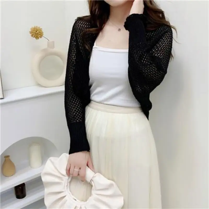 Áo Cardigan Dệt Kim Nữ, Màu Trơn Tay Áo Dài, Thiết Kế khoét Chống Nắng, Dáng Rộng Vừa Vặn, Thích Hợp Cho Mùa Hè