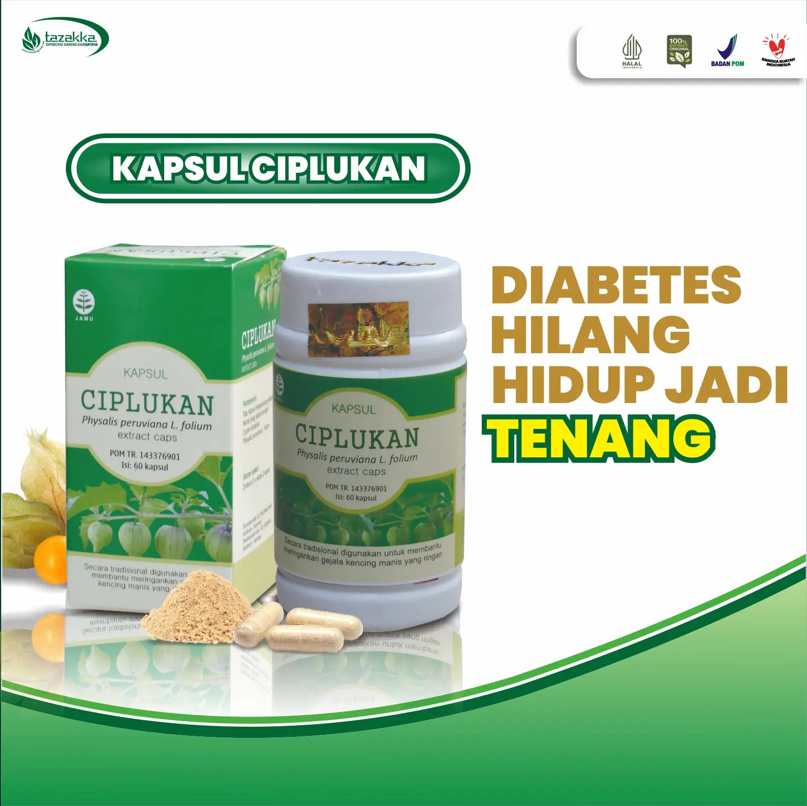 Herbal Diabetes Ciplukan original tazakka isi 60 Kapsul Halal dan Sudah BPOM
