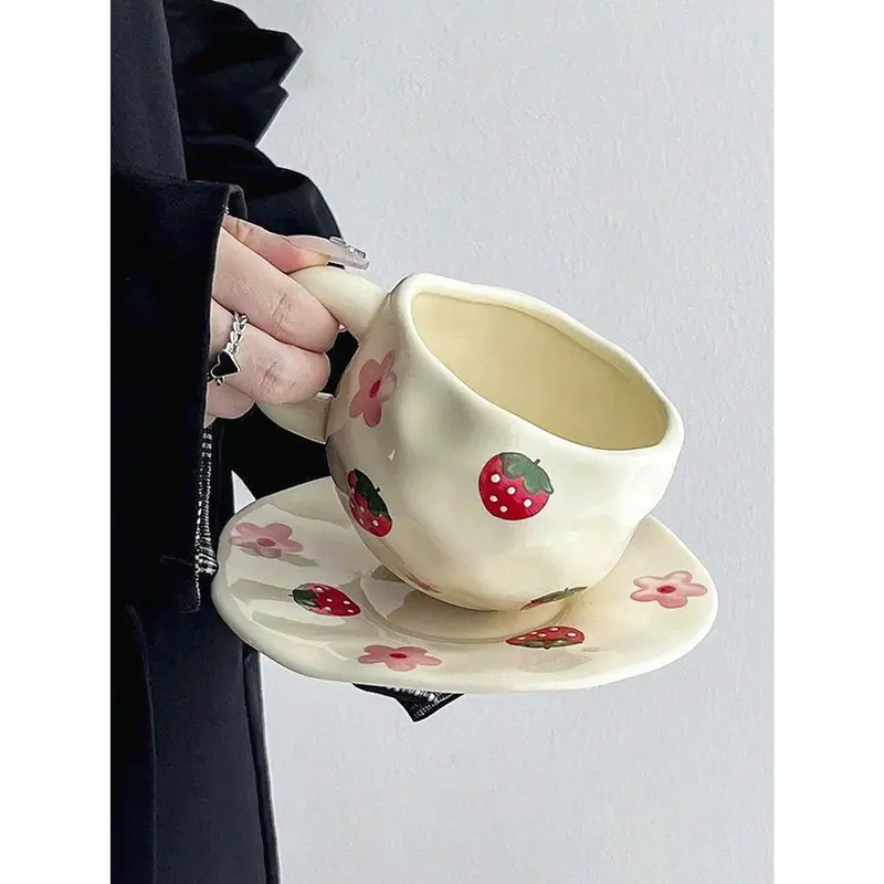 2025 NEW 1pc Retro Strawberry Flower Ceramic Cup, Hand Painted Butterfly&Cherry Asymmetrical Shape Coffee Cup, Tea Latte Mug, Breakfast Milk Cup, Water Cup, Gift (Easter Gifts) 3