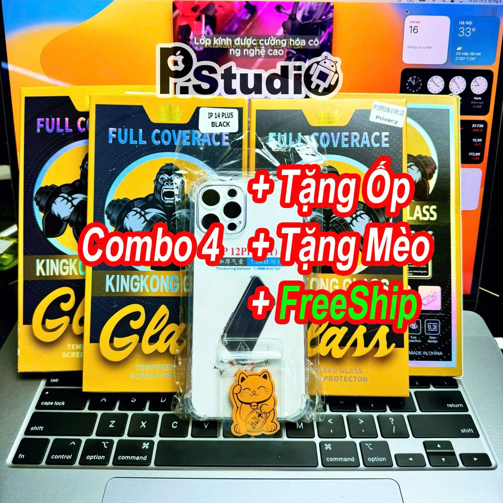 COMBO 4 Kính cường lực KK Chống nhìn chộm có khung tặng ốp lưng và mèo thần tài cho các dòng iphone từ 6P-15proMax