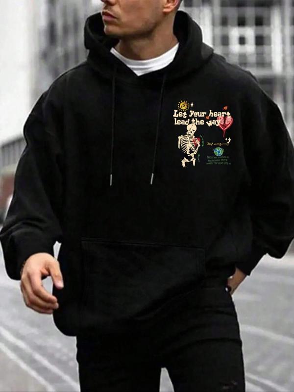 Men's Skeleton & Letter Print Drop Shoulder Thermal Lined Hoodie, Fashion Casual Regular Fit Drawstring Pocket Hooded Sweatshirt for Daily Holiday Outdoor Wear, Men Clothes for Fall & Winter 1