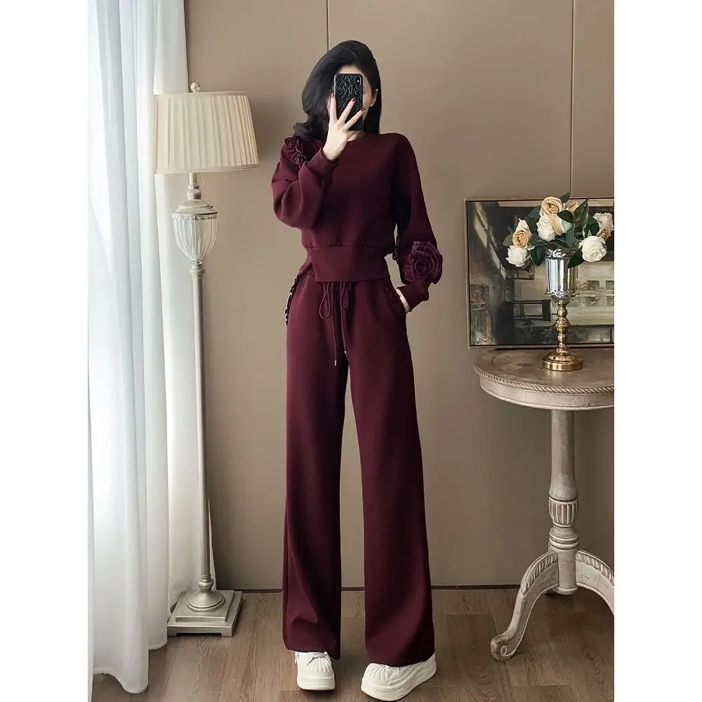 Bộ Đồ Đi Lại Thể Thao Đi Chơi Quần Áo Nữ, Bộ Sưu Tập Thu Đông, Áo Nỉ Cao Cấp Mới 2024, Quần Ống Rộng, Thời Trang Và Phong Cách, Bộ Hai Mảnh
