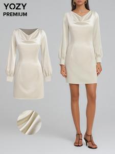 YOZY Women's Plain Draped Long Sleeve Dress, Casual Fashion Dress for Spring & Fall, Women's Clothing for Daily Wear