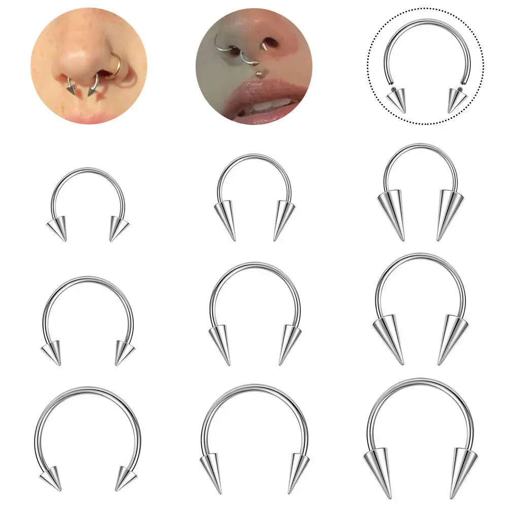 1 PC Spike Nose Piercing 16G/18G Horseshoe Nose Ring Septum Ring Unisex Stainless Steel Helix Ear Cartilage Piercing Silver Nostril Piercing Body Piercing