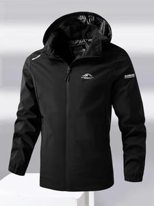 Men's Letter Print Zip Up Hooded Jacket, Casual Detachable Waterproof Breathable Long Sleeve Jacket for Outdoor Activities, Men's Outerwear for All Seasons