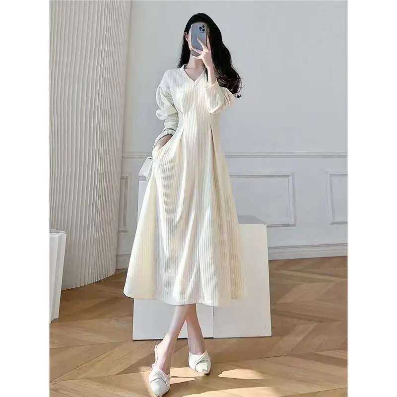 Váy Trắng, Phong Cách Pháp, Dài Tay, Bộ Sưu Tập Mùa Xuân Và Mùa Thu, Thiết Kế Mới, Bó Sát Eo Cao Cấp, Phong Cách Cổ Điển Và Quý Phái, Váy Dài Nữ Thần Women Dress 0