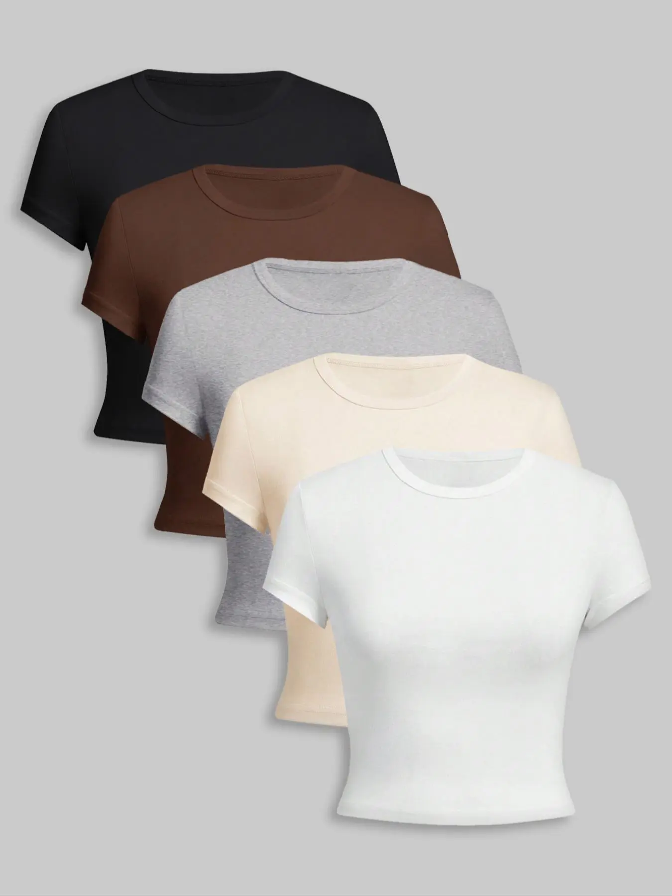 Women's 5 Counts Solid Round Neck Tee, Casual Elegant Short Sleeve Crew Neck T-shirt Clothing for Daily Wear, Ladies Clothes for All Seasons