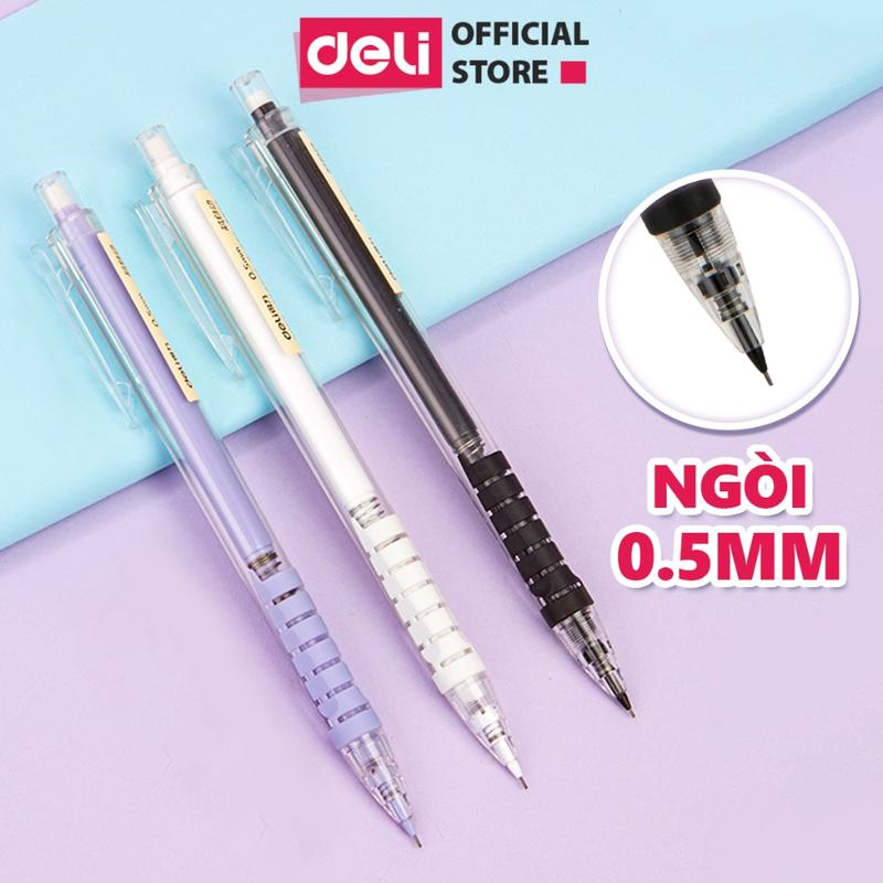 Bút chì kim bấm Deli ngòi 0.5mm màu pastel dễ thương cao cấp cải tiến có đầu tẩy cho học sinh văn phòng nhỏ gọn tiện lợi chì đậm