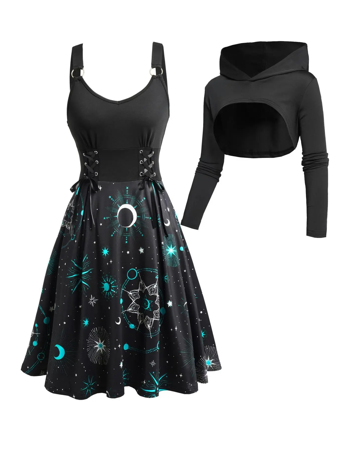 Women's Hooded Top & Dress Two-Piece Set, Casual Fashion Long Sleeve Hooded Top & Dress for Daily Outdoor Wear, Ladies Clothes for Spring Fall
