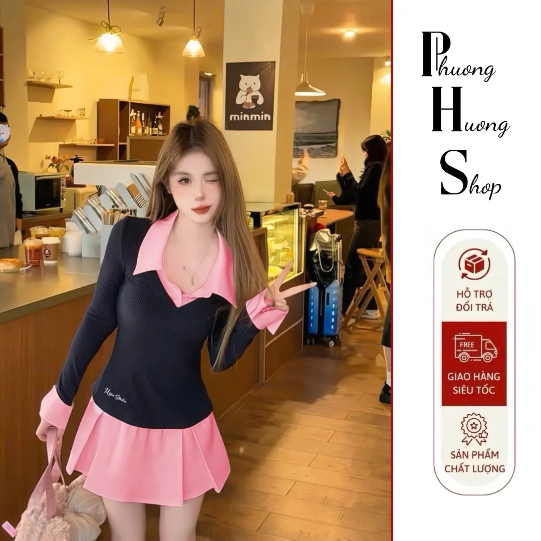 B2 Đầm váy sơ mi đen phối hồng năng động trẻ trung. Váy may liền.Vải không co giãn. Dây khoá kéo sau.
