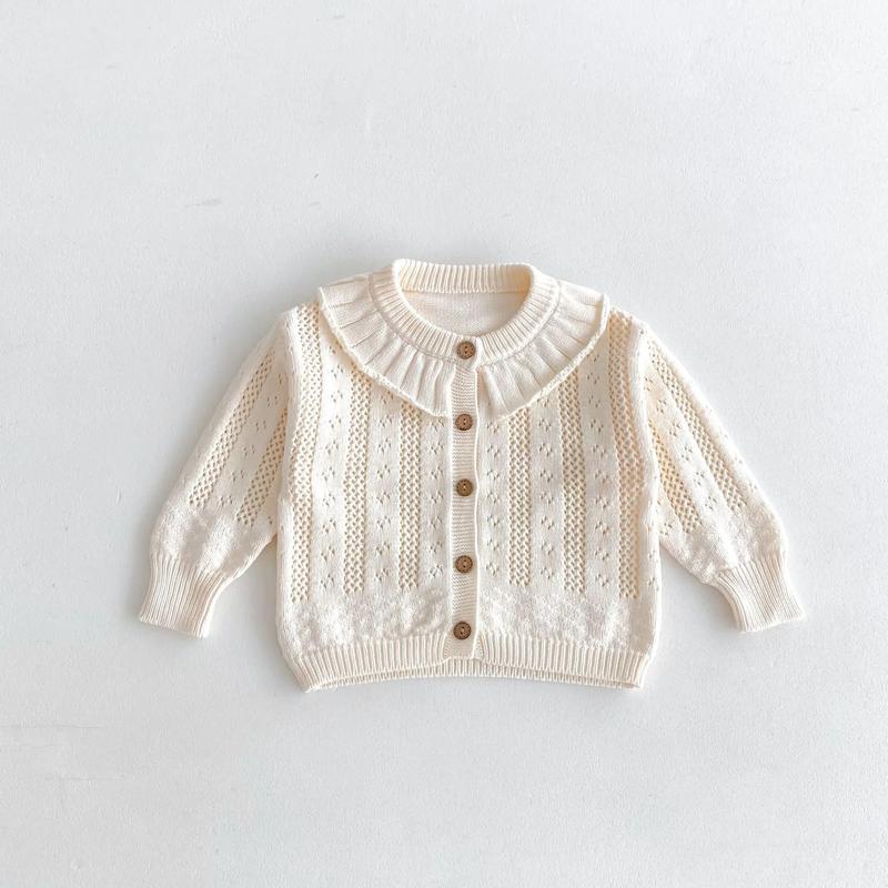 Product Introduction of Korean Baby Girl Autumn Hollow Out Sweater Cardigan Kids Fashion Cotton Ruffle Collar Knitted Jacket Spring Solid Outerwear Coat 20