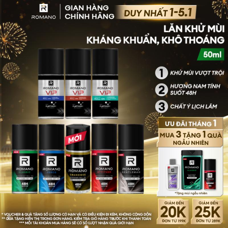 DUY NHẤT 1-5.1 Lăn khử mùi Dưỡng Thể kháng khuẩn & khô thoáng cả ngày cho nam Romano 50ml chai - 5 mùi có sẵn