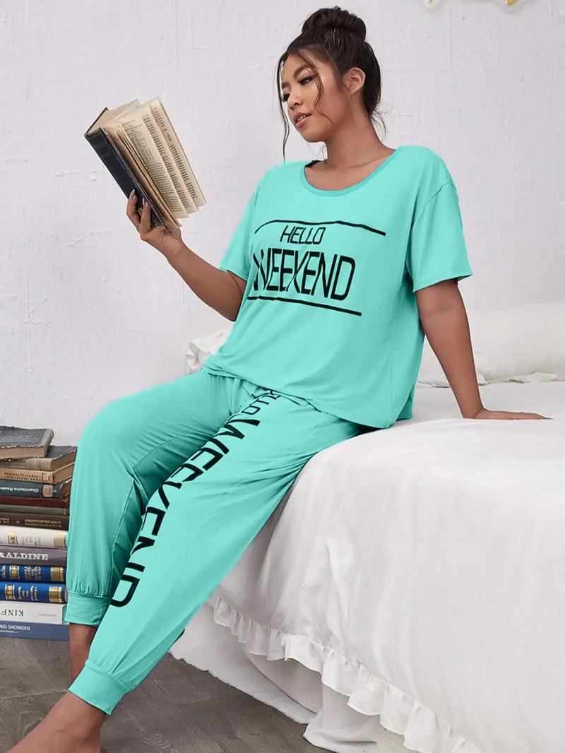 Product Introduction of Plus Size Letter Print Tee & Pants Pyjama, Casual Comfy Round Neck Short Sleeve T-shirt & Trousers PJ Set, Women's Sleepwear for All Seasons 3