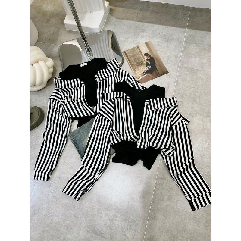 ÁO SƠ MI KẺ LỒNG THUN SANG CHẢNH TOP NỮ Sọc 2