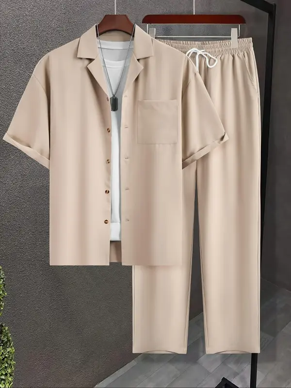 Two-Piece Set Men's Solid Button Front Shirt & Drawstring Waist Straight Leg Pants, Regular Fit Casual Lapel Neck Short Sleeve Top & Pocket Trousers for Daily Wear, Men's Two-piece Outfits for Spring & Fall & Summer, Menswear, Clothes 2