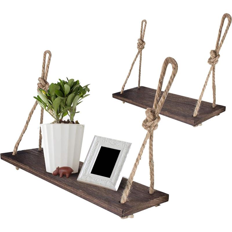 Rope Hanging Floating Shelves, Rustic Wall Decor Swing Shelf with 4 ...