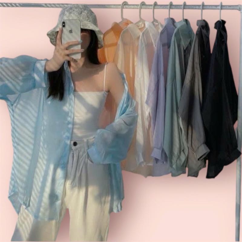 Áo sơ mi nữ dài tay voan mỏng khoác ngoài đi biển oversize nhiều màu Áo khoác cardigan đi biển voan tơ giấy trong suốt Top Shirt Women Voi Đen