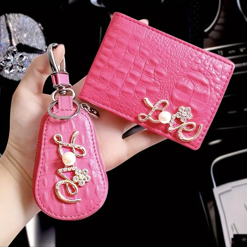 Car Key Case & Car License Card Holder, 2 Counts/set 2 in 1 ID Holder, Cute Car Storage, Car Decoration, Car Accessories for Women & Girls