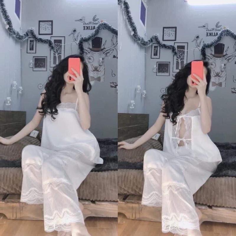 Đồ bộ mặc nhà 2 dây Sexy lụa Latin kết hợp ren Nữ Áo Women Tua Rua 1