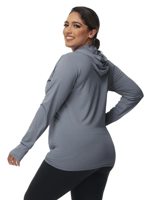 Plus Size Solid Zip Up Rashguard, Women's Long Sleeve Sun Protection Hooded Jacket, Ladies Sportswear for Indoor Outdoor Wear 7