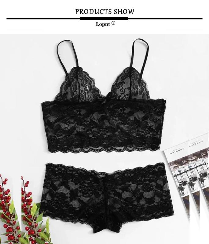 Product Introduction of LOPNT Women's Sexy Lingerie Lace Perspective Underwear Printing Hollow Out Breathable Bra Set Sling Top Panties Female Sleepwear 4