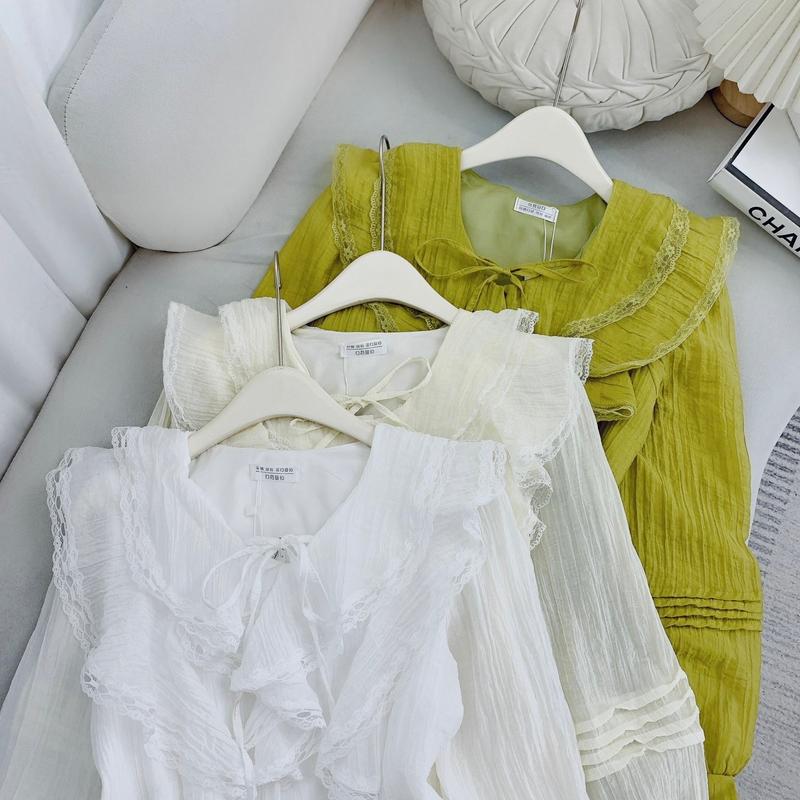  Áo sơ mi voan tơ cổ bèo áo kiểu nữ dài tay tiểu thư Hàn Quốc Top Shirt 