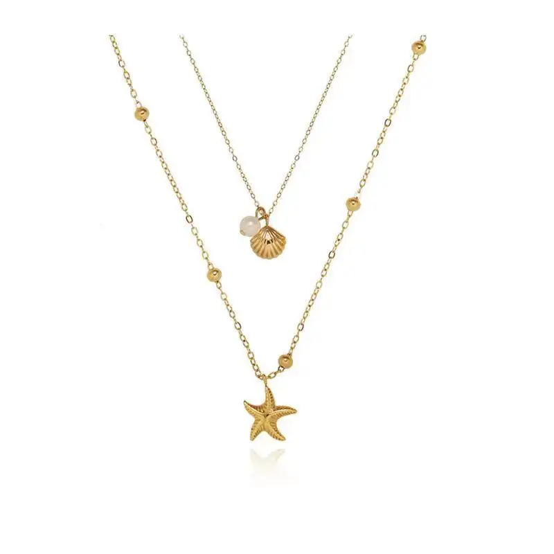 French vacation style starfish shell pendant double layered necklace for women's niche design autumn and winter sweater personalized collarbone chain