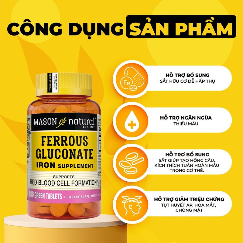 Mason Natural Ferrous Gluconate - Bổ sung sắt hữu cơ mát cho bà bầu - 50 viên/ 100 viên