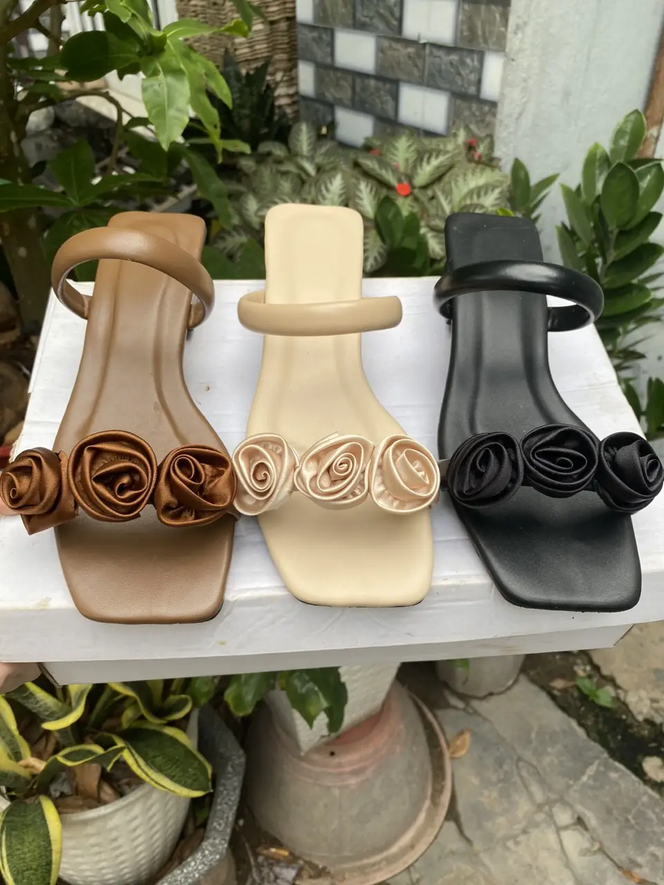 H1-Dép gót 3 phân hai quai ngang phối hoa da mờ thời trang ( đi đúng size,chân thon gầy lùi size) Nữ Shoes GiàY Women DéP Nhung-H1