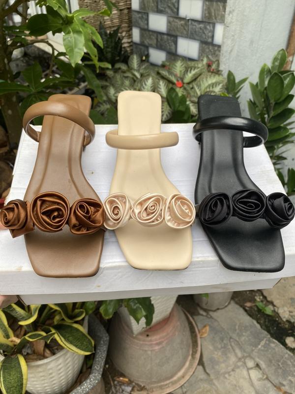 H1-Dép gót 3 phân hai quai ngang phối hoa da mờ thời trang ( đi đúng size,chân thon gầy lùi size) Nữ Shoes GiàY Women DéP Nhung-H1