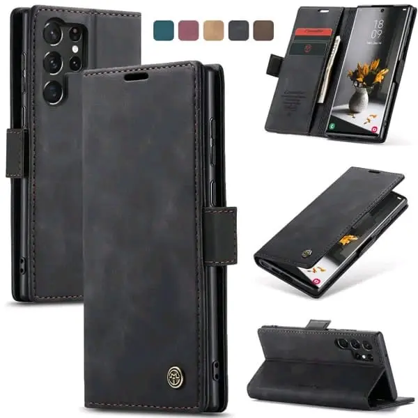 Case For Samsung S24 Ultra Flip Dompet Lipat Wallet Leather Slot kartu bahan TPU Casing handphone  Ponsel Cover Hijau Hitam Hijau Hitam 0