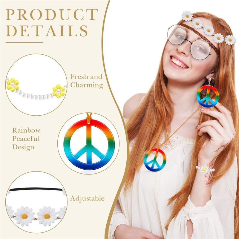 Product Introduction of Vintage 60's 70s Style Women's Hippie Costume Set Boho Peace Sign Round Glasses Hippie Costume Accessories Set for Groovy Party Girls Womenswear Adjustable 15