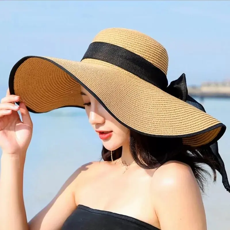 LUFFYSTORE.ID - Topi pantai lebar wanita list hitam Floppy musim panas pelindung dari sinar matahari BISA COD 0