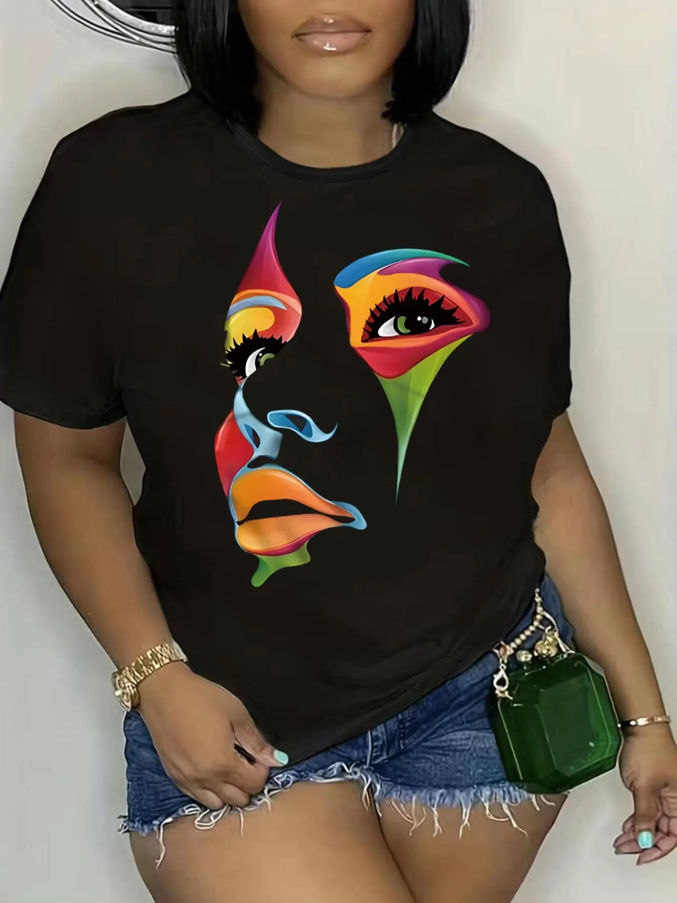 Plus Size Figure Print Round Neck Tee, Fashion Casual Short Sleeve T-shirt, Women Summer Clothing for Daily Outdoor Wear