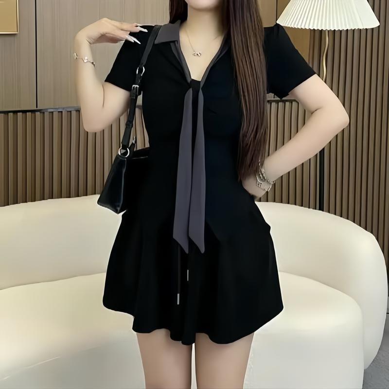 [KORINA] Áo Thun Nữ Kiểu Cổ Sơ Mi Phối Cà Vạt Tay Ngắn hack eo trẻ trung năng động phù hợp mọi phong cách chất thun tăm [TN0274]Top Women