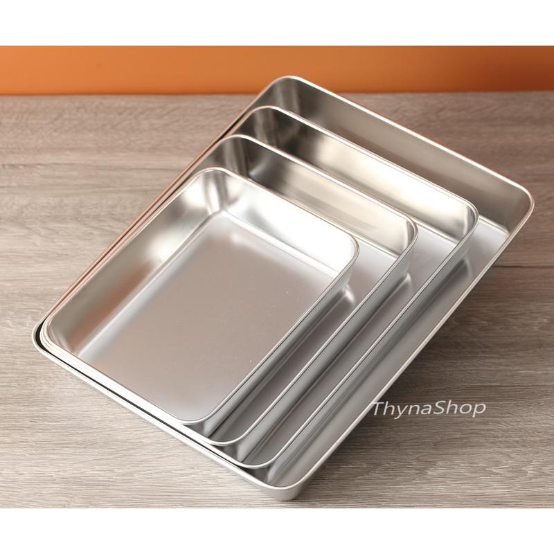  Khay inox 304 chữ nhật dùng đựng topping đổ thạch nướng bánh hàng cao cấp 