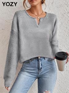 YOZY Women's Plain Notched Neck Drop Shoulder Sweater, Casual Long Sleeve Jumper for Fall & Winter, Women's Knitwear for Daily Wear