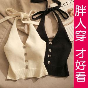 เสื้อสายเดี่ยวสปาเก็ตตี้เชือกแขวนคอ สาวฮอตฤดูร้อน พลัสไซส์ ผู้หญิงใส่ได้ภายในและภายนอก ความยาวสั้น เหมาะสำหรับสาวอ้วนอ่อน เสื้อกั๊กผ้าถักขนาดเล็ก Clothing Lady Women เสื้อ มี