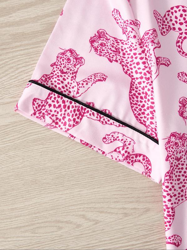 Women's Leopard Print Short Sleeve Pajama Three-piece Set, Elegant Casual Comfy Button Front Chest Pocket Design Lapel Neck Top & Elastic Waist Shorts & Eye Mask PJ Set, Ladies Sleepwear for All Seasons 4