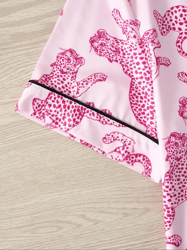 Women's Leopard Print Short Sleeve Pajama Three-piece Set, Elegant Casual Comfy Button Front Chest Pocket Design Lapel Neck Top & Elastic Waist Shorts & Eye Mask PJ Set, Ladies Sleepwear for All Seasons 4
