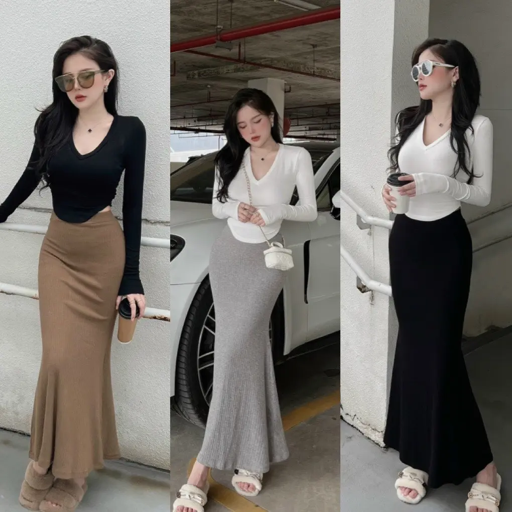 Set chân váy đuôi cá kèm áo vạt bầu tay dài Nữ Women