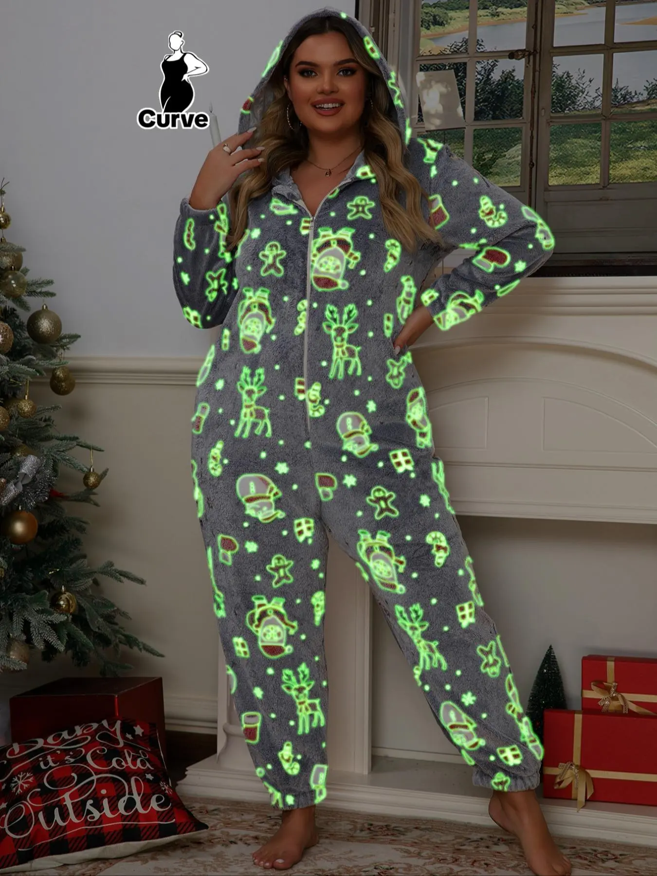 【Plus Size】 All Over Christmas Print Zipper Hooded Flannel Onesie, Casual Long Sleeve PJ Onesie for Fall & Winter, Women's Sleepwear for Indoor Wear