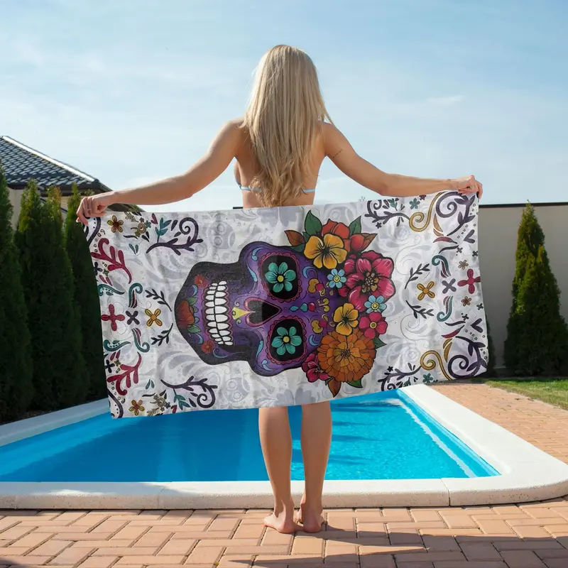 Skull & Floral Pattern Beach Towel, Soft Absorbent Towel, Rectangular Towel for Travel, Yoga, Swimming, Fitness, Picnic 0