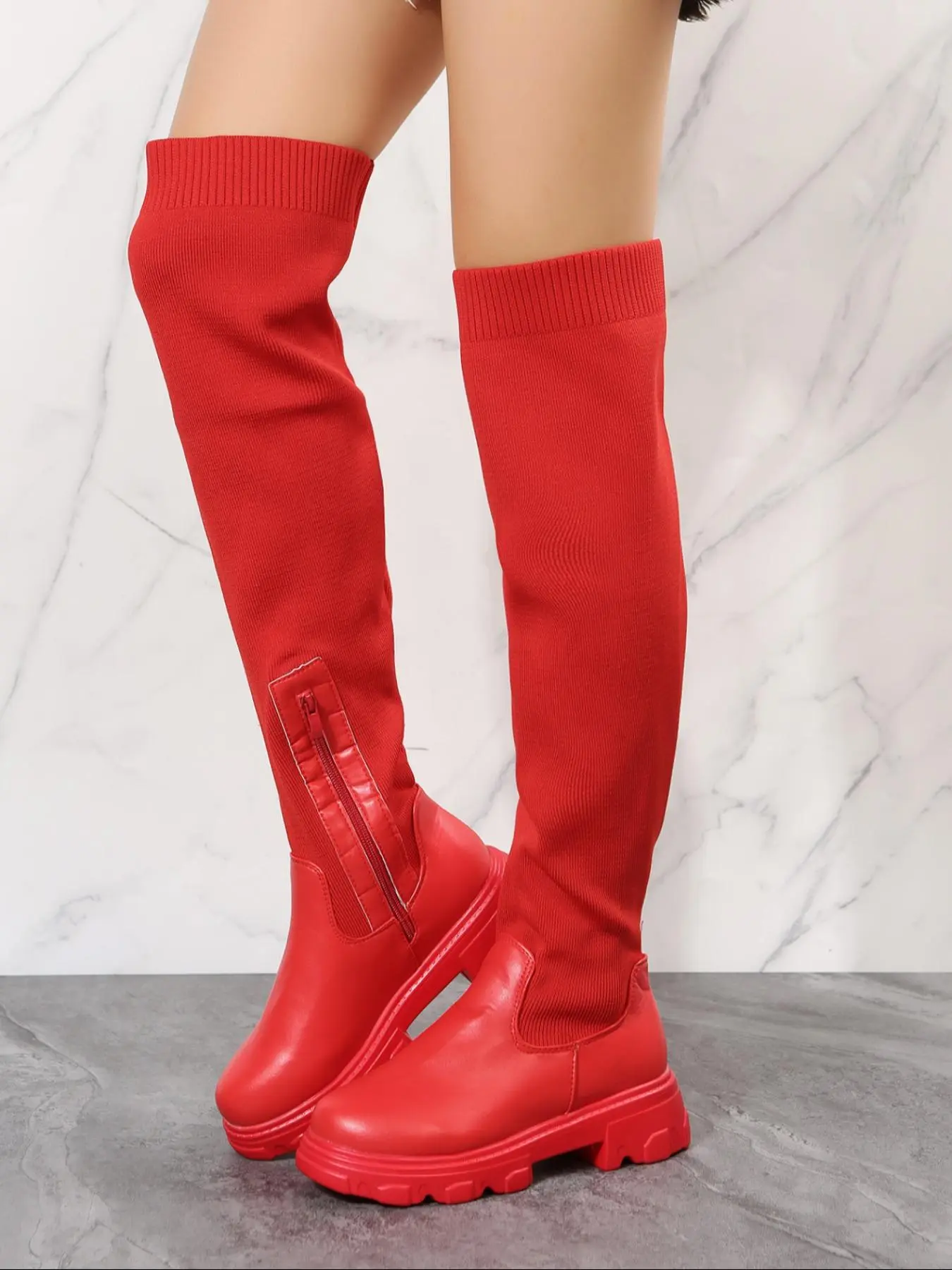 Women's Solid Color Stretchy Flyknit Over The Knee Boots, Fashionable Round Toe Boots for Fall & Winter, Women's Boots for Daily Wear Valentine's Day, Gift for Her