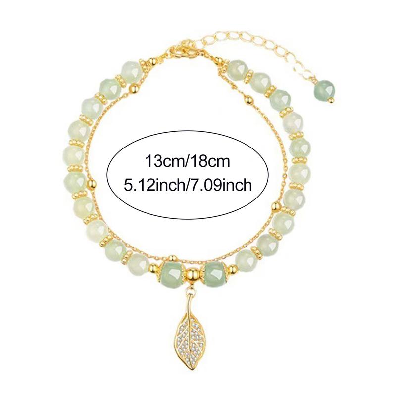Women Bracelet Faux Jade Smooth Bead Leaf Pendant Double-layered Adjustable Length Rhinestone Lady Bangle Prom Daily Wrist Jewelry 5