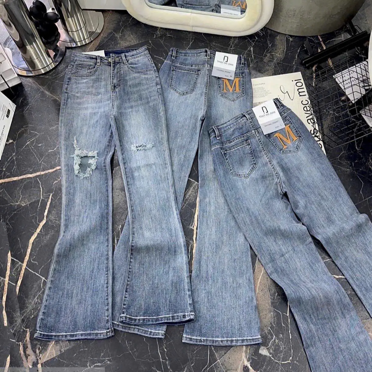 Quần jeans bass dài phối rách cào hai bên thêu túi chữ M Menswear Pants Lưng Cao